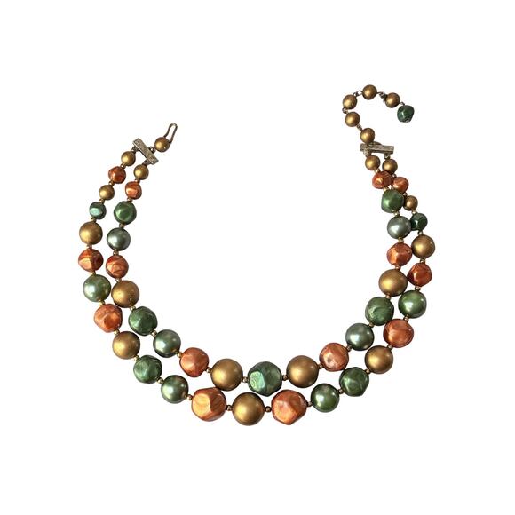Vintage 1950s 2-Strand Choker Necklace, Metallic Green Peach Gold Graduated Bead - Picture 2 of 6